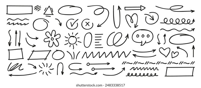 Hand drawn line doodle collection including arrows, shapes,and icons perfect for adding playful touch design  .Vector illustration