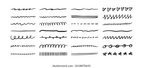 Hand Drawn Line doodle Set Black. Drawing border collection. Vector illustration