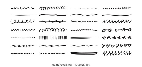 Hand Drawn Line doodle Set Black. Drawing border collection. Vector illustration