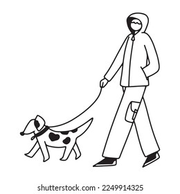 Hand drawn line doodle style man in casual clothes walking the dog, isolated vector illustration