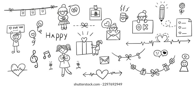 Hand drawn line doodles vector design elements set of bow, bell, gift box, heart, balloon, love letter, girl. Love concept illustration.