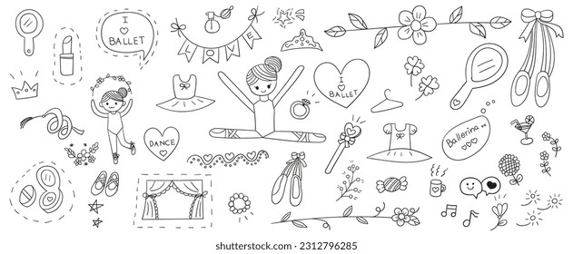 Doodles de línea dibujados a mano elementos de diseño vectorial conjunto de bailarinas, vestido de ballet, zapatos de punta, corona, espejo de mano, anillo de diamante, polvo de maquillaje, escenario. Ilustración conceptual de elementos ballet.