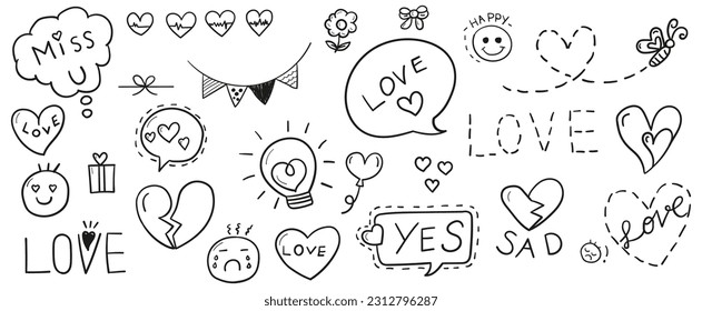 Hand drawn line doodles vector design elements set of bow, bell, gift box, heart, balloon, flower, love emoticon. Love concept illustration.
