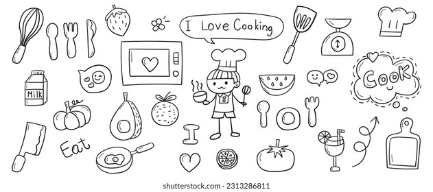 Hand drawn line doodles vector design elements set of cutting board, egg beater, knife, ladle, microwave, milk box, omelet pan, pumpkin, spoon fork and dish, weight scale. Cooking elements concept.