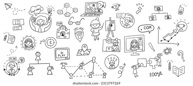 Doodles de línea dibujados a mano diseño vectorial conjunto de elementos de gráfico de crecimiento, plan de negocio, servicio al cliente, idea, pensamiento, presentación. Ilustración del concepto de negocio.