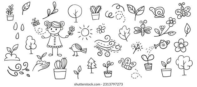 Hand drawn line doodles vector design elements set of leaf, tree, bird, blossoms, butterfly, cactus, flower, snail. Nature elements concept illustration.