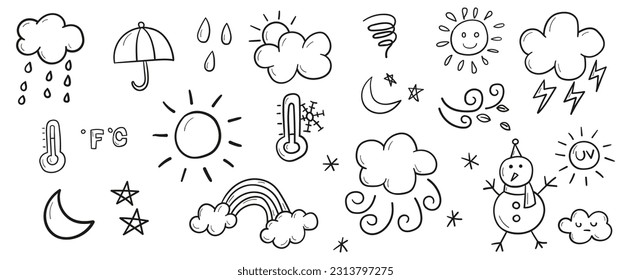 Hand drawn line doodles vector design elements set of storm, sunny, rainy, windy, temperature, moon, rainbow, sun, snowman. Weather elements concept illustration.