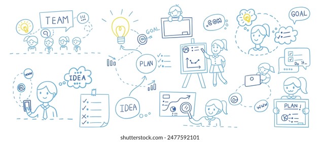 Hand drawn line doodles vector design elements set of business team, goal speech bubble, to do list, presentation business plan, working online, business planning. business concept illustration.