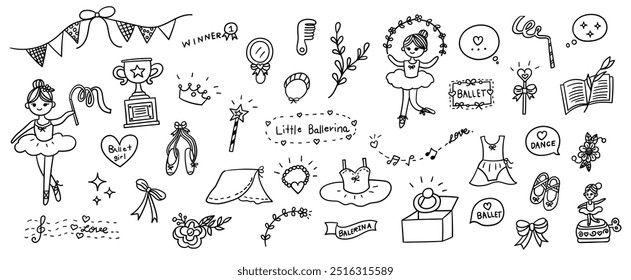 Hand drawn line doodles vector design elements set of ballerina girl, ballet dress, pointe shoes, crown, hand mirror, diamond ring, trophy, scepter. Ballet elements concept illustration.