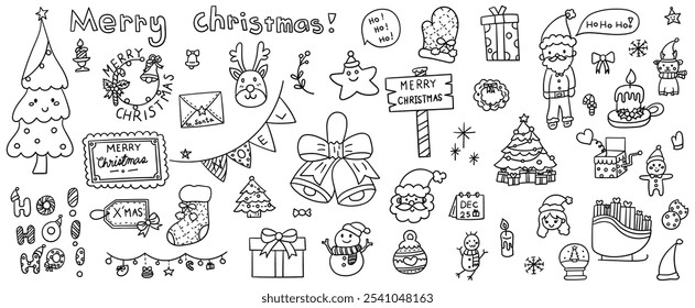 Hand drawn line doodles vector design elements set of calendar, bell, candle, candy cane, christmas tree, gift box, reindeer, snowman, snowflake. Christmas concept illustration.