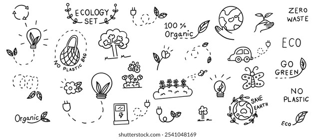 Handgezeichnete Linie doodles Vektor Design-Elemente Satz von Öko-Energie, Elektroauto, Öko-Station, sparen Welt, recyceln. Illustration des ökologischen Konzepts.