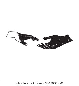 Hand drawn line and dot work reaching celestial hands