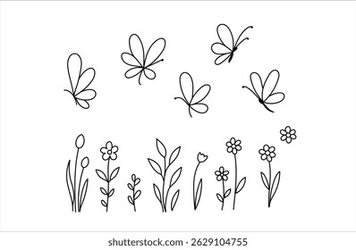 Hand drawn line drawing of abstract butterfly and flowers.