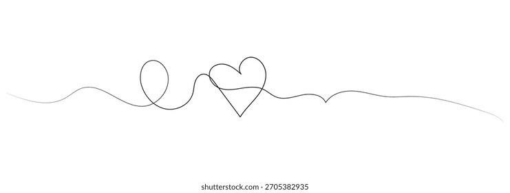 handgezeichnete Linienzeichnung eines abstrakten Liebesherzes. Großes Herz, das eine gewellte Linie im einzeiligen Kunststil bildet. Symbol der Liebe mit bearbeitbarem schwarzen Strich auf weißem Hintergrund. Vektorgrafik. Dekorativ