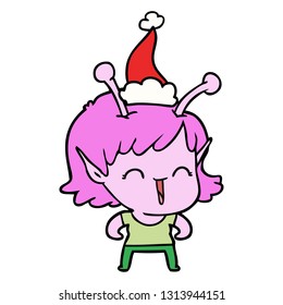 dibujo de la línea dibujada a mano de una muchacha extranjera que se ríe usando sombrero santa