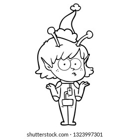 dibujo de la línea dibujada a mano de una muchacha alienígena que usa sombrero santa