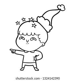 hand drawn line drawing of a amazed boy wearing santa hat