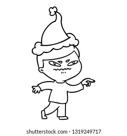 dibujo de una línea dibujada a mano de un hombre enojado que señala con sombrero de santa