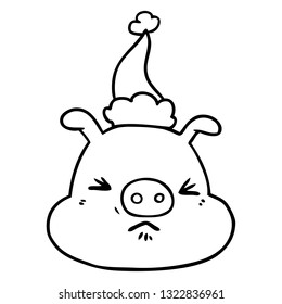 hand drawn line drawing of a angry pig face wearing santa hat