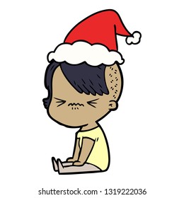 hand drawn line drawing of a annoyed hipster girl wearing santa hat