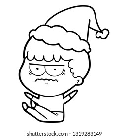 hand drawn line drawing of a annoyed man wearing santa hat