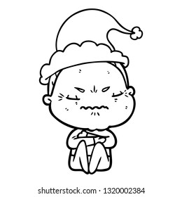 hand drawn line drawing of a annoyed old lady wearing santa hat
