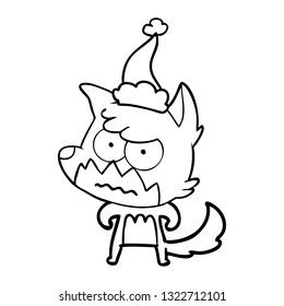 hand drawn line drawing of a annoyed fox wearing santa hat