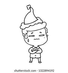 hand drawn line drawing of a anxious man wearing santa hat