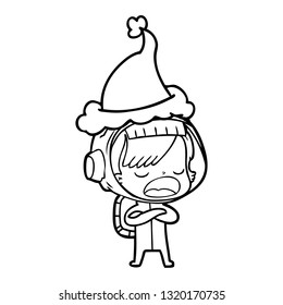 hand drawn line drawing of a astronaut woman explaining wearing santa hat