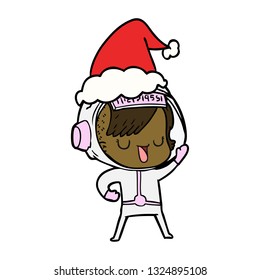 hand drawn line drawing of a astronaut woman wearing santa hat