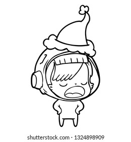 hand drawn line drawing of a astronaut woman explaining wearing santa hat