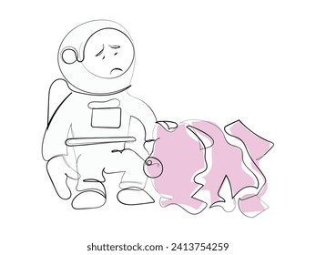 hand drawn line drawing astronaut sit slump next to a large, destroyed big piggy bank. There is no financing of space expeditions. Failed mission. Cosmonaut. 