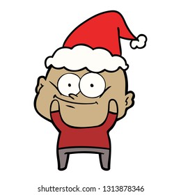 hand drawn line drawing of a bald man staring wearing santa hat
