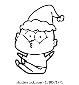 hand drawn line drawing of a bald man staring wearing santa hat