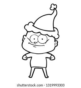 hand drawn line drawing of a bald man staring wearing santa hat