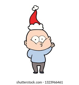 hand drawn line drawing of a bald man staring wearing santa hat