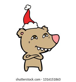 dibujo de una línea dibujada a mano de un oso que muestra dientes que llevan sombrero santa