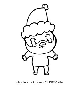 hand drawn line drawing of a bearded man crying wearing santa hat