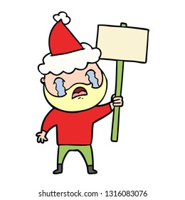 hand drawn line drawing of a bearded protester crying wearing santa hat