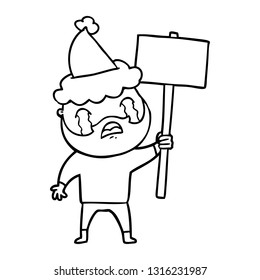 dibujo de una línea dibujada a mano de un manifestante barbudo llorando usando sombrero santa
