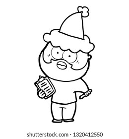 hand drawn line drawing of a bearded man with clipboard and pen wearing santa hat
