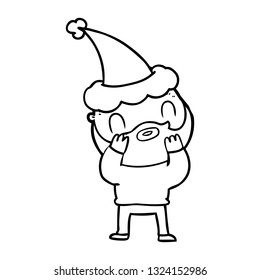 hand drawn line drawing of a bearded man wearing santa hat