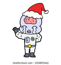 hand drawn line drawing of a big brain alien crying wearing santa hat