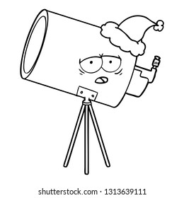 hand drawn line drawing of a bored telescope with face wearing santa hat