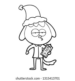 hand drawn line drawing of a bored dog in office clothes wearing santa hat