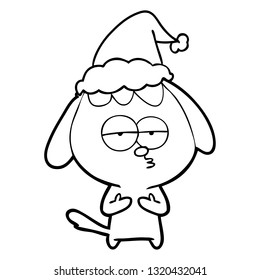 hand drawn line drawing of a bored dog wearing santa hat