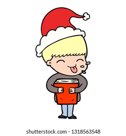 hand drawn line drawing of a boy wearing santa hat