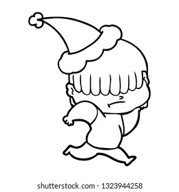 desenho de linha desenhada à mão de um menino com cabelo desarrumado usando chapéu de Papai Noel