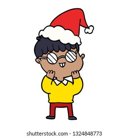 desenho de linha desenhada à mão de um menino usando óculos usando chapéu de Papai Noel