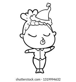 hand drawn line drawing of a calm woman wearing santa hat